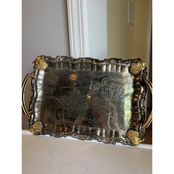 Rare VTG Metal And Brass? Hand Embossed Floral And Grape Cluster Serving Tray